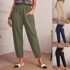 Women Casual Cotton Linen Pants High Elastic Waist Cropped Trousers Loose Harem Pants With Pockets Tapered Nine-Point Pants