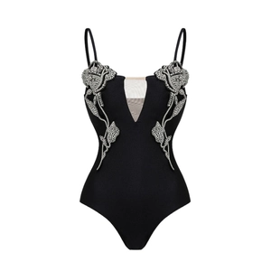 Black one-piece swimsuit with rhinestone rose embroidery and sheer mesh V-neckline