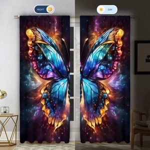 Detail showing 2pcs 3D butterfly curtains in night and day lighting conditions