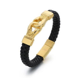 Men's punk woven black leather bracelet with gold stainless steel 316L link clasp
