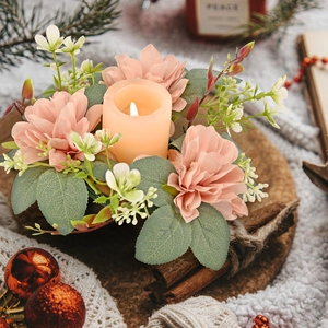 Artificial Dahlia Candle Ring Wreath Satin Flower Eucalyptus Leaf Table Centerpiece For Christmas Wedding Party Home Decor