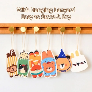 Set of 6 cute animal wood pulp cotton sponges with hanging ropes for kitchen cleaning