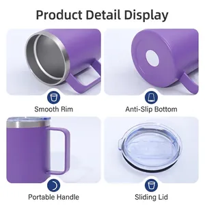 12oz purple matte stainless steel mug with handle and transparent sliding lid features
