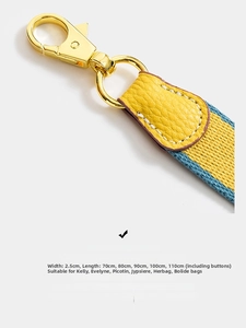 Detail of 2.5cm width bicolor woven strap with lychee leather and gold lobster clasp