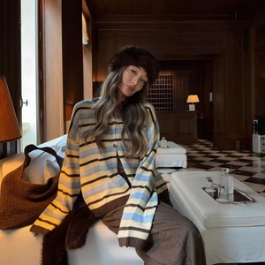 Women's ice cream stripe knit cardigan with V-neck and casual long sleeves in retro style