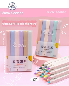 Close-up of soft-tip Morandi highlighter pens in pastel colors for gentle marking