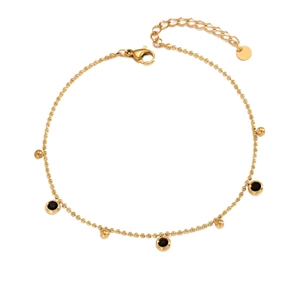 Gold plated stainless steel beaded bracelet with black faceted stones and lobster clasp