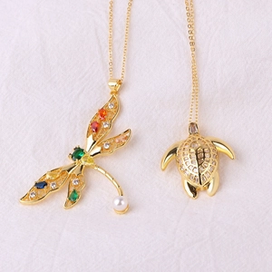 Dragonfly Turtle Pendant Necklace 18K Gold Plated Brass Colorful Zircon Artificial Pearl Trendy Hip Hop Jewelry For Women