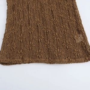 Women's brown lace hollow out knit top with intricate crochet hem and casual high neck design