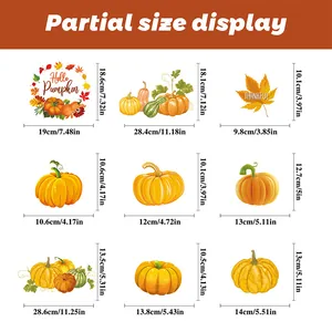 Detailed dimension guide for fall pumpkin static window stickers in various sizes
