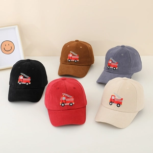 Kids corduroy baseball caps with fire truck embroidery in five assorted colors