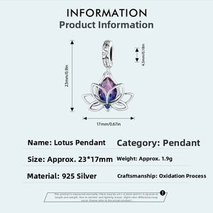 Detailed view of 925 sterling silver lotus pendant with gradient stone and dimensions