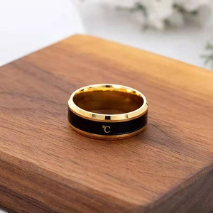Macro detail of gold and black titanium ring featuring a temperature Celsius symbol