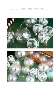 Close-up of iridescent transparent and white printed Christmas balls ornaments