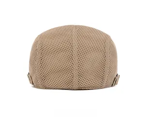 Rear view of khaki mesh newsboy cap showing breathable fabric and metal side buckles
