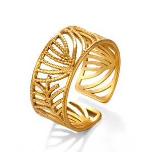 Minimalist gold plated stainless steel open leaf ring with hollow pattern for women