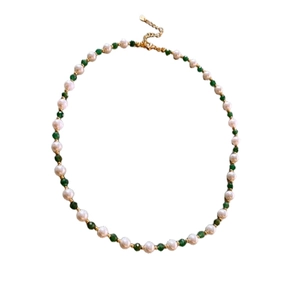 Natural pearl and green gemstone beaded necklace with adjustable golden clasp chain