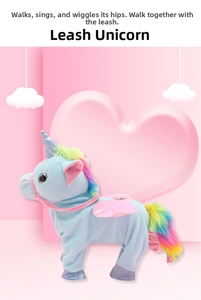 Detail of walking unicorn plush toy with rainbow mane and pink remote control leash