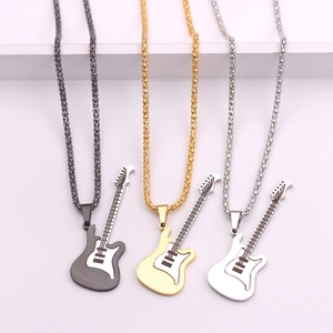 Guitar shaped necklaces in black, gold, and silver finishes with sleek metal chains