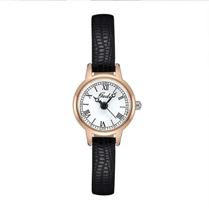 Vintage style women's watch with black leather strap, golden case, and white Roman dial