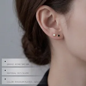 Minimalist S925 silver square stud earrings with black and white gems on model