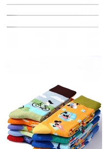 Detailed view of patterned crew socks with cycling and beach prints for sizes 36-43