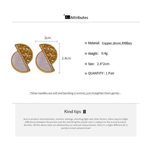 Detailed spec sheet showing semi-circle geometric earrings with shell inlay and zircons