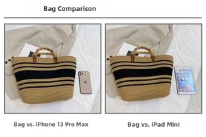 Detailed size comparison of striped knit tote bag with bamboo handles vs iPad and iPhone