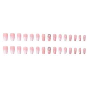 Short ballet gradient press-on nails set with glitter and rhinestones on white background
