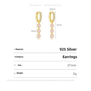 Detailed size specifications for gold S925 silver earrings with pink zircon stones
