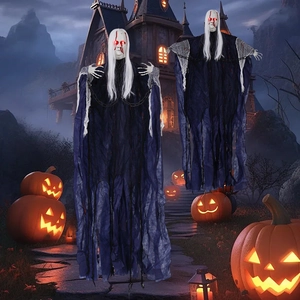 Close-up of hanging Halloween ghosts with glowing red eyes and blue robes in a haunted scene