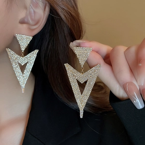 Elegant V-shaped geometric drop earrings with sparkling pavé zircons and a large crystal