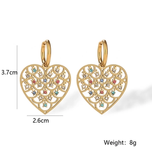 Detail view of gold-plated hollow heart earrings with colorful zircons and size specs