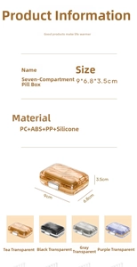 Portable 7-compartment medicine organizer made of PC and ABS in four semi-transparent colors