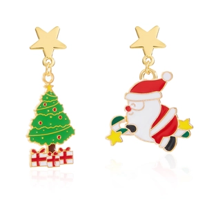Detailed view of asymmetric Christmas earrings with Santa Claus and festive tree design