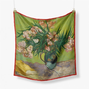 Detailed close-up of Van Gogh Oleanders oil painting print on silk square scarf