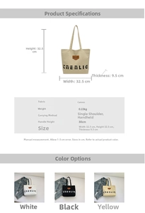 Detailed size chart for minimalist canvas tote bag showing dimensions and handle length