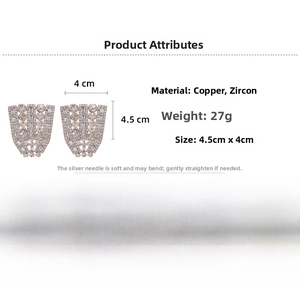 Macro detail of fan-shaped silver earrings with sparkling cubic zirconia and dimensions