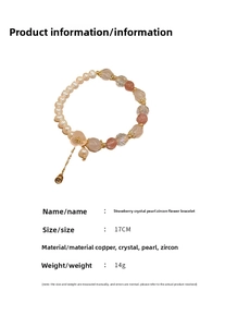 Macro view of 17cm strawberry crystal and pearl bracelet with floral pendant details