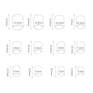 Size chart showing twelve dimensions of purple French press-on nails with measurements