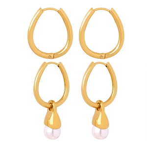 Elegant gold-plated titanium steel teardrop earrings and pearl pendant hoops on white background