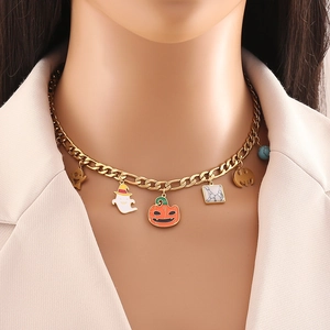 Halloween Charm Necklace Stainless Steel Enamel Ghost Pumpkin Skull Bat Pendant Gold Plated Trendy Festive Jewelry For Women