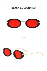 Front and side view of retro Y2K oval metal sunglasses with black gold frames and red lenses