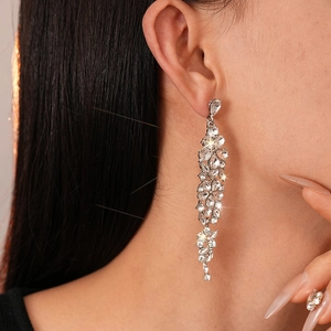 Close-up of elegant silver tassel earrings with sparkling crystals worn by a model