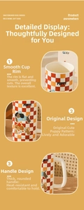 Detail showing smooth rim, original puppy pattern and heat-insulated handle of ceramic mug