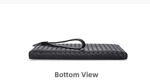 Macro detail of black woven leather clutch bag with side zipper and wrist strap