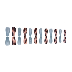 Morandi grey and amber leopard pattern press-on nails in long coffin shape 24pcs set