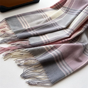 Detailed view of plaid scarf fringe in purple and grey with soft cashmere-like texture