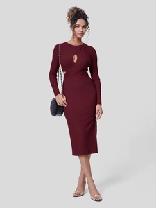 Vestido Midi Ajustado Sexy Para Mujer Con Abertura Cuello Redondo Manga Larga Punto Acanalado Color Sólido Elegante