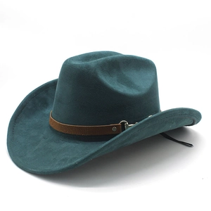 Deep blue western cowboy hat with brown leather band and golden metal buckle details